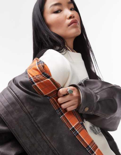 Topshop washed faux leather tie waist jacket with checked lining in grey