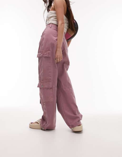 Topshop washed high waist pocket cargo pants in pink