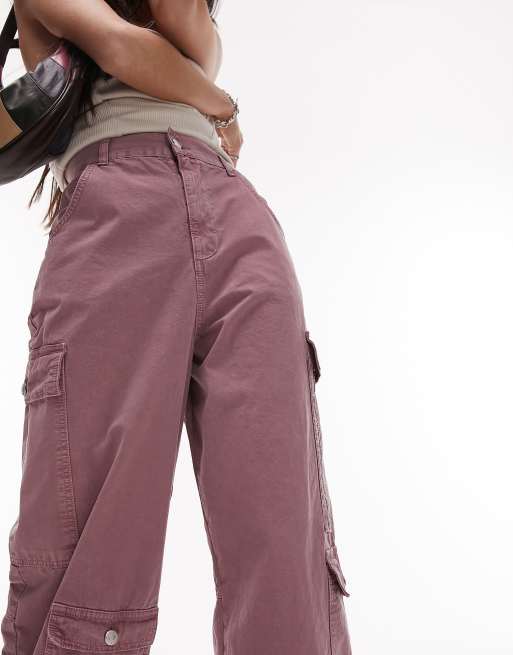 Topshop washed high waist pocket cargo trouser in pink, 4 of 4