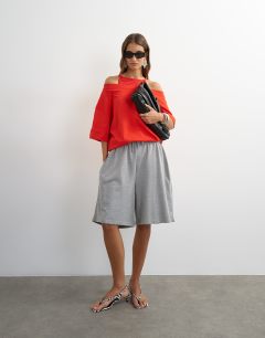 Model wearing Washed long line tie detail shorts in grey marl