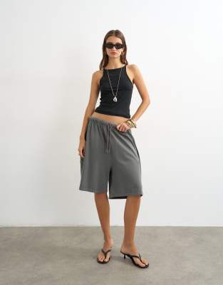 Topshop Washed Long Line Tie Detail Shorts In Gray