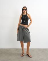 Topshop washed long line tie detail shorts in washed charcoal