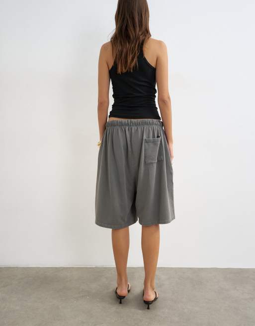 Topshop washed long line tie detail shorts in washed charcoal, 5 of 5