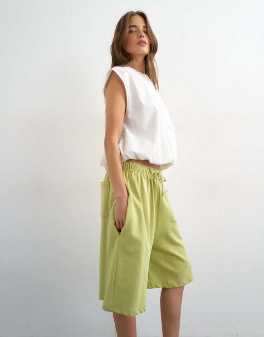 Topshop washed long line tie detail shorts in washed lime, 3 of 5