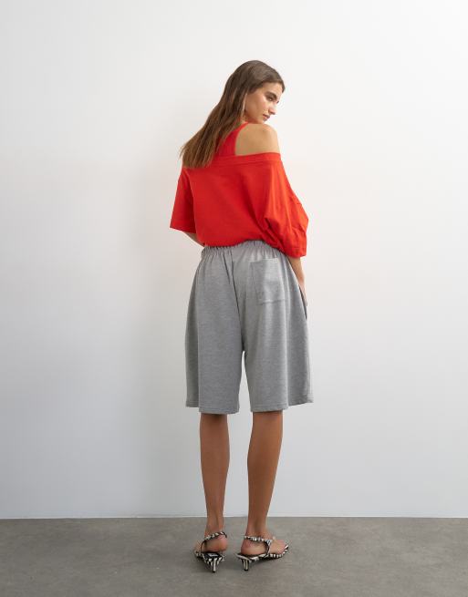 Topshop washed longline tie detail shorts in grey marl, 3 of 5