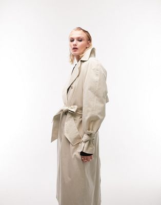 Topshop Washed Longline Trench Coat In Neutral