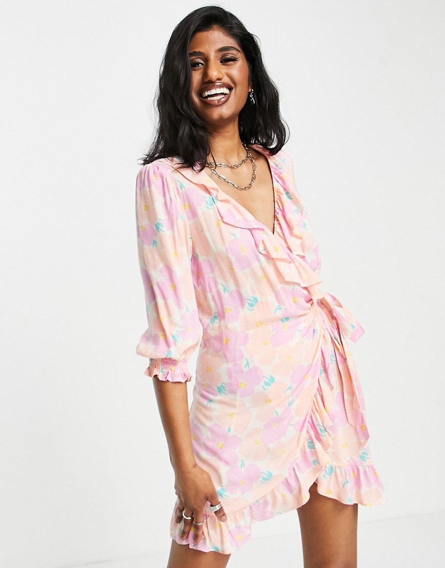 washed neon floral mini wrap dress-Pink