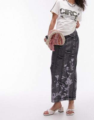 Topshop washed rib floral shadow print midi skirt in grey