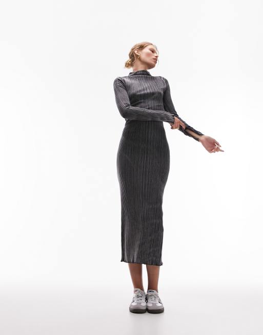 Topshop washed rib midi dress with slit sleeve in grey