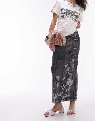 Topshop Washed Ribbed Floral Shadow Print Midi Skirt In Gray