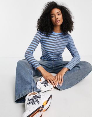 Topshop washed stripe long sleeve tee in blue