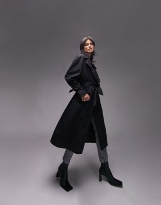 Topshop washed trench coat in black