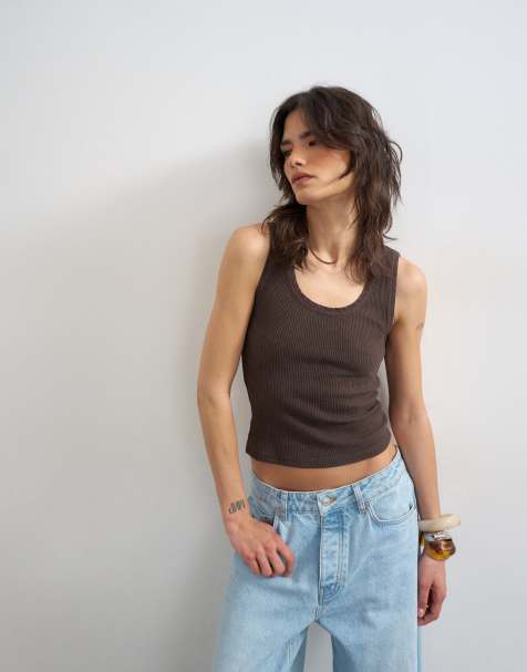 Topshop washed waffle tank top with woven trim in dark chocolate - view 1