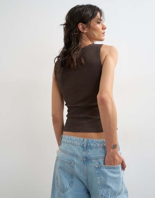 Topshop washed waffle tank top with woven trim in dark chocolate, 3 of 4