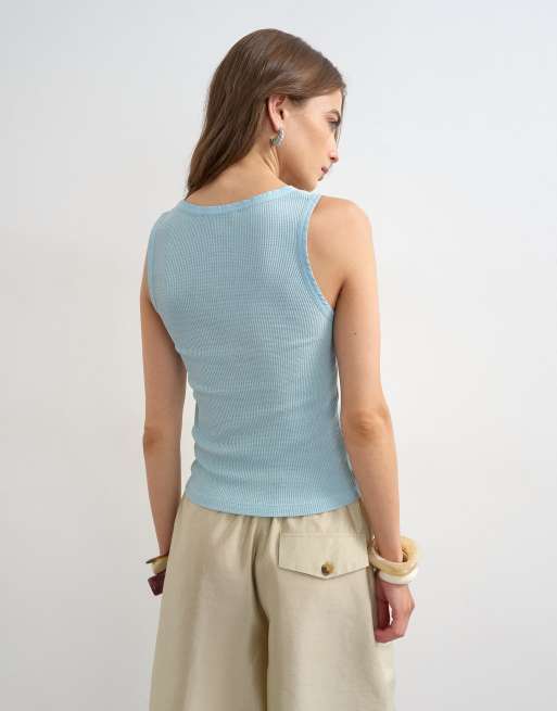 Topshop washed waffle tank top with woven trim in dusty blue, 2 of 4