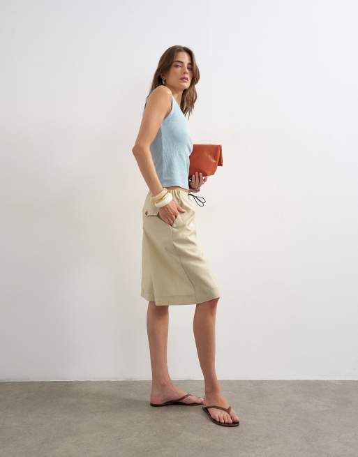 Topshop washed waffle tank top with woven trim in dusty blue, 3 of 4