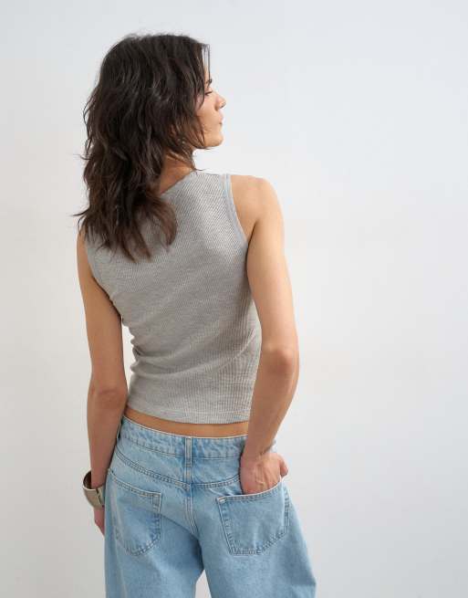 Topshop washed waffle tank top with woven trim in gray heather, 4 of 4