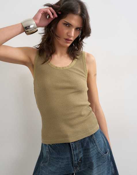 Topshop washed waffle tank top with woven trim in khaki - view 1