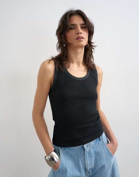 Topshop washed waffle tank top with woven trim in washed black - view 1