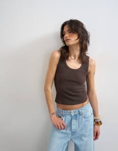 Washed waffle vest with woven trim in dark chocolate