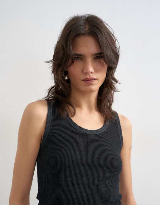 Topshop washed waffle vest with woven trim in washed black, 3 of 4