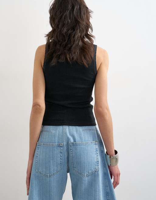 Topshop washed waffle vest with woven trim in washed black, 4 of 4