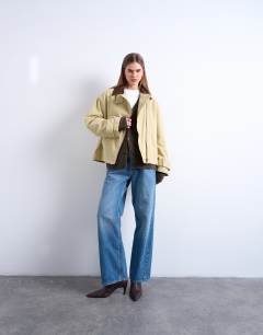 Model wearing Washed zip front jacket with contrast cord collar in beige