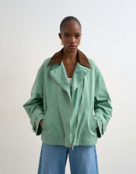 Topshop washed zip front jacket with contrast cord collar in turquoise - view 1