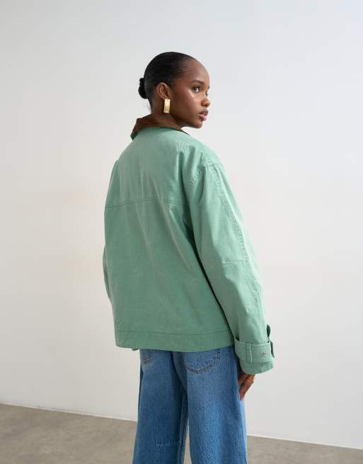 Topshop washed zip front jacket with contrast cord collar in turquoise, 2 of 4