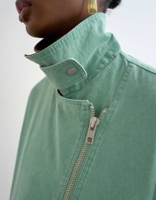 Topshop washed zip front jacket with contrast cord collar in turquoise, 4 of 4
