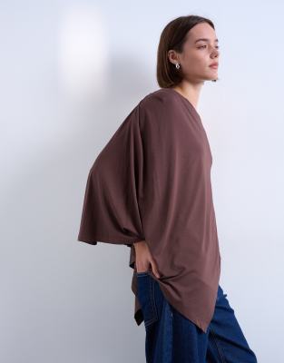 Topshop Waterfall Cape One-shoulder Long Sleeve Top In Brown