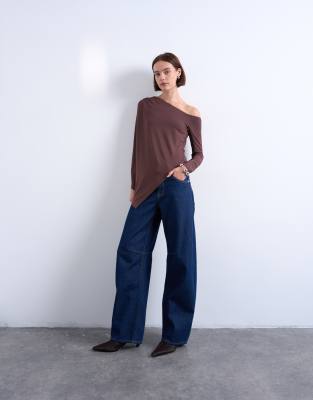 Topshop Waterfall Cape One-shoulder Long Sleeve Top In Brown