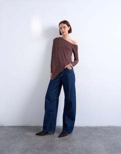 Model wearing Waterfall cape one shoulder long sleeve top in chocolate
