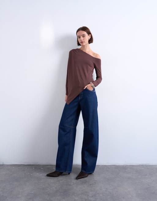 Topshop waterfall cape one-shoulder long sleeve top in chocolate