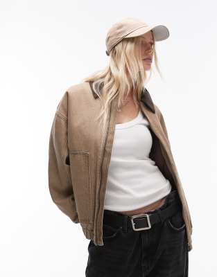 Topshop - Wattierte Jacke in Milchkaffeebraun mit Kontrastkragen-Brown