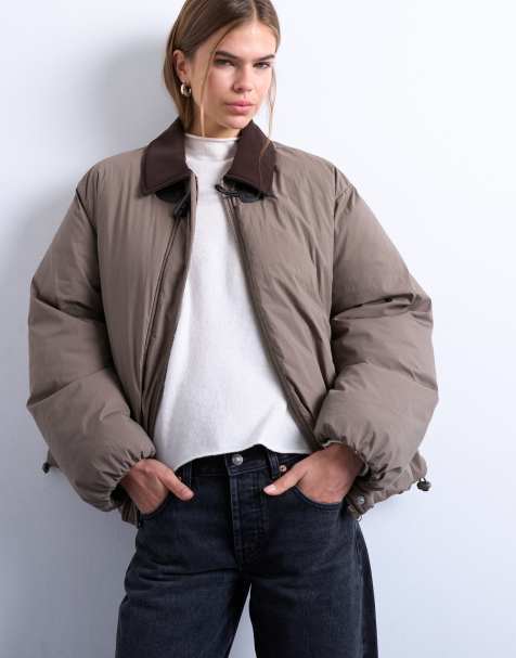 Topshop – Wattierter Nylon-Kurzmantel in Khaki mit Kontrastkragen aus Wildlederimitat - view 1