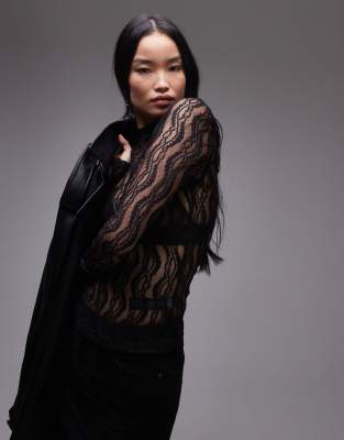 wave lace high neck top in black