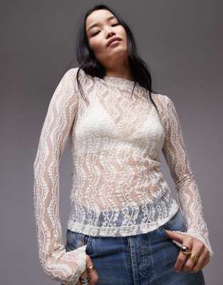 wave lace high neck top in ivory-White