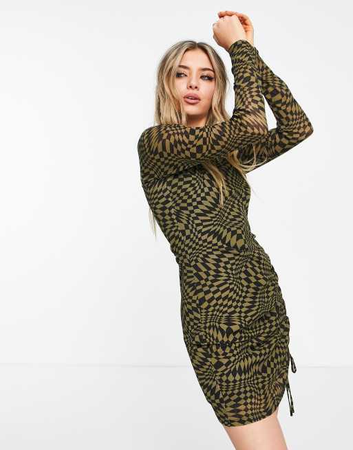 Topshop waved check bodycon in khaki