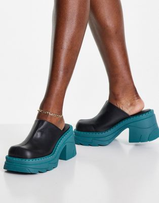 Topshop Wax premium leather chunky heeled mule in teal - ASOS Price Checker