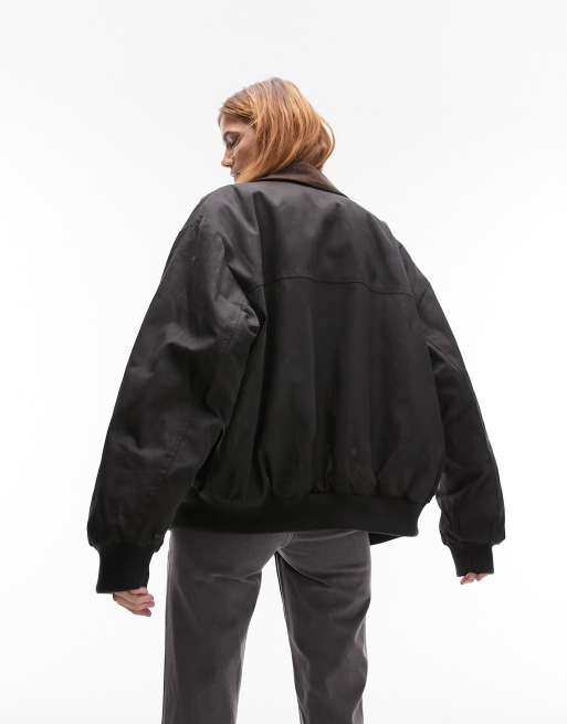 Topshop waxed cropped heritage jacket in black