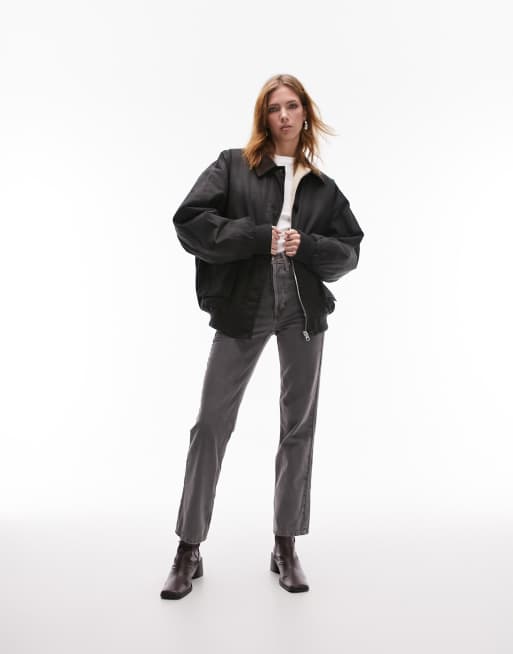Topshop waxed cropped heritage jacket in black