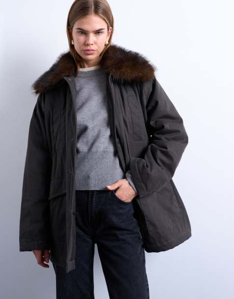 Topshop waxy shacket with faux fur collar in chocolate