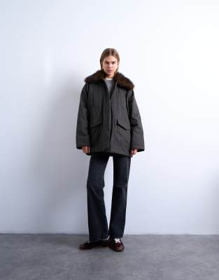 Topshop Waxy Shacket With Faux-fur Collar In Brown