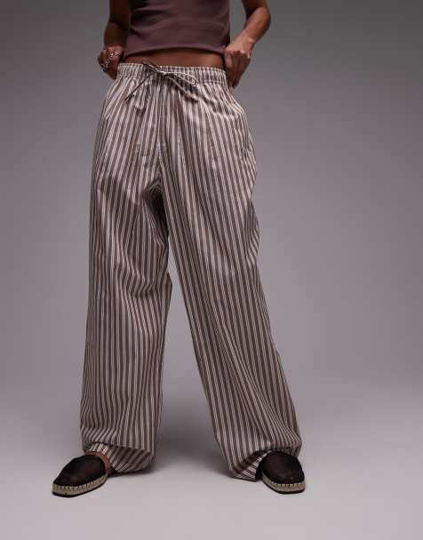 Topshop poplin pull on wide leg trouser in brown and blue stripe