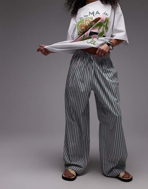 Topshop poplin pull on wide leg trouser in pink and green stripe