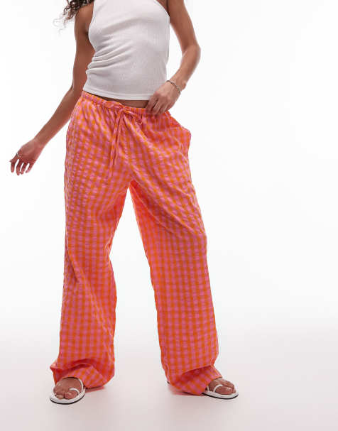 Topshop pull on orange check trouser in orange