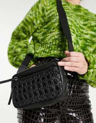 Topshop weave detail leather crossbody in black