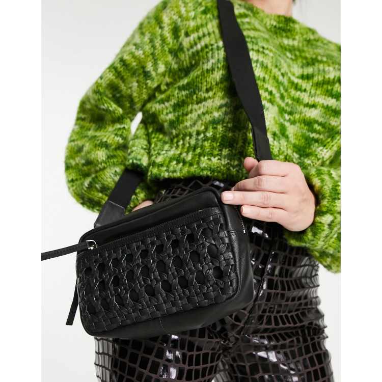 Topshop weave detail leather crossbody in black ASOS