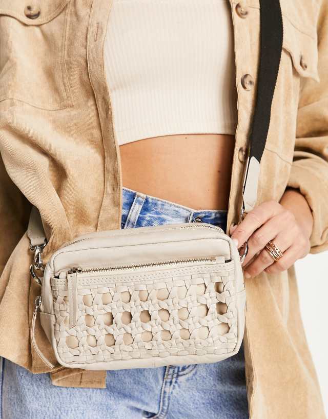 Topshop weave detail leather crossbody in cream